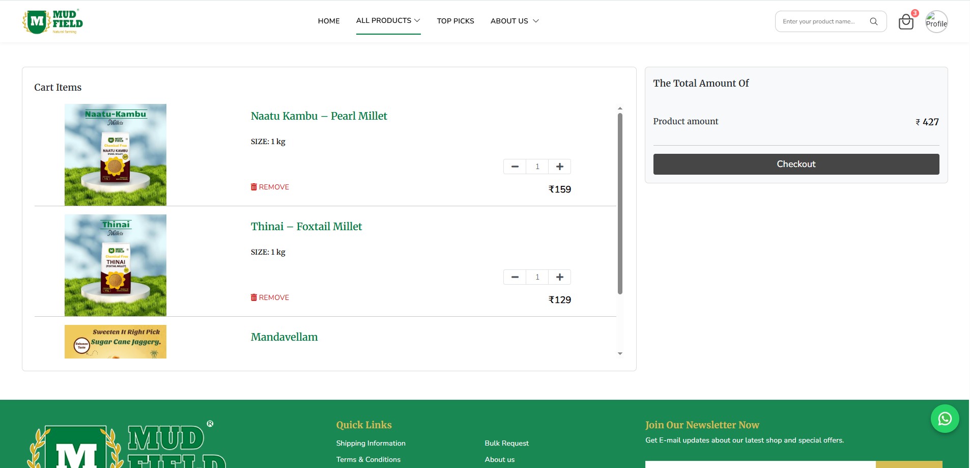 Mudfield shopping cart with organic products
